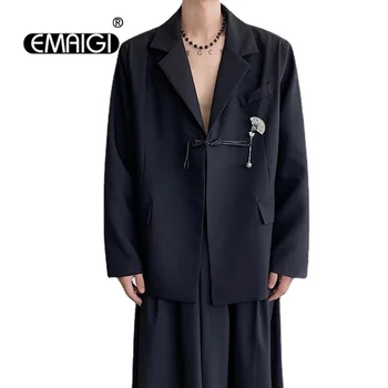 Moški Kitajski Slog Kovinski Dodatki Svoboden Priložnostne Vintage Moda Blazerji Suknjič Moški Ženske Korejski Ulične Jopič Plašč