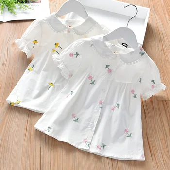 Dekle je slog majica poletnih oblačil vezeni cvetlični jopico kratek rokav vrh baby udobno belo srajco