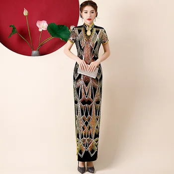 Elegantno Velur Dolgo Visoko Split Cheongsam Klasičnih Kitajskih Žensk Kratek Rokav Lepe Sequins Qipao