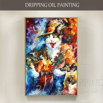 Ročno poslikano Smešno Oblikovanje Visoke Kakovosti Živalskih Kavboj Mačka Oljna slika, Bogate Barve, Teksturo Mačka Igra Kitaro Oljno sliko