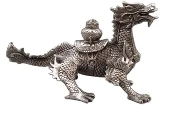 BREZPLAČNA DOSTAVA 25 cm Kitajska Palača Belega Bakra, Srebra Feng Shui Zlo bogastvo zver Kirin Zmaj Kip