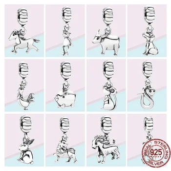 Klasična 12 Živali Kitajski Zodiak Visijo Obesek Čar 925 Sterling Srebro Noge Fit Original Zapestnico Pandora Nakit Bangle