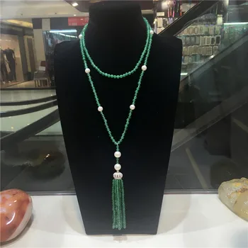 Ročno vozlane dolgo naravni zeleni kamen belih sladkovodnih biserov mikro podolgovat cirkon zaponko tassel ogrlico modni nakit