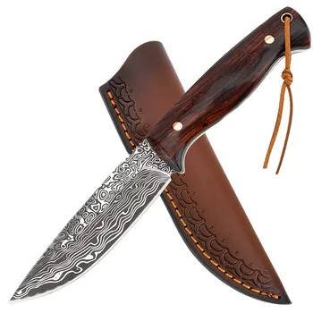 Celotno Tang Damask Teksturo Omejeno D2 Rezilo Z Usnja Tulec Trdna&Sharp Prostem Lovski Nož Udobno Sandalovine Ročaj