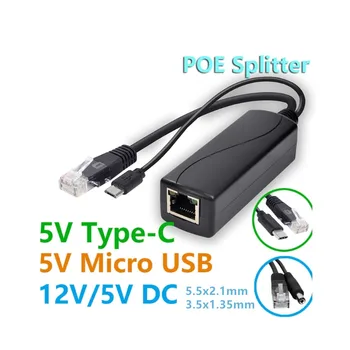 POE Delilnik 48V Na 5V Micro USB Tip C DC5.5x2.1mm DC3.5x1.35 mm Vmesnik Napajanje Kabel za IP Kamero Raspberry Pi