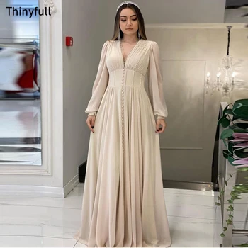 Thinyfull A-line Šifon Elegantno Prom Oblačenja Proti-vrat Dolge Rokave Večerno Obleko 2023 Ženske Formalne Priložnosti Stranka Obleko z Gumbom